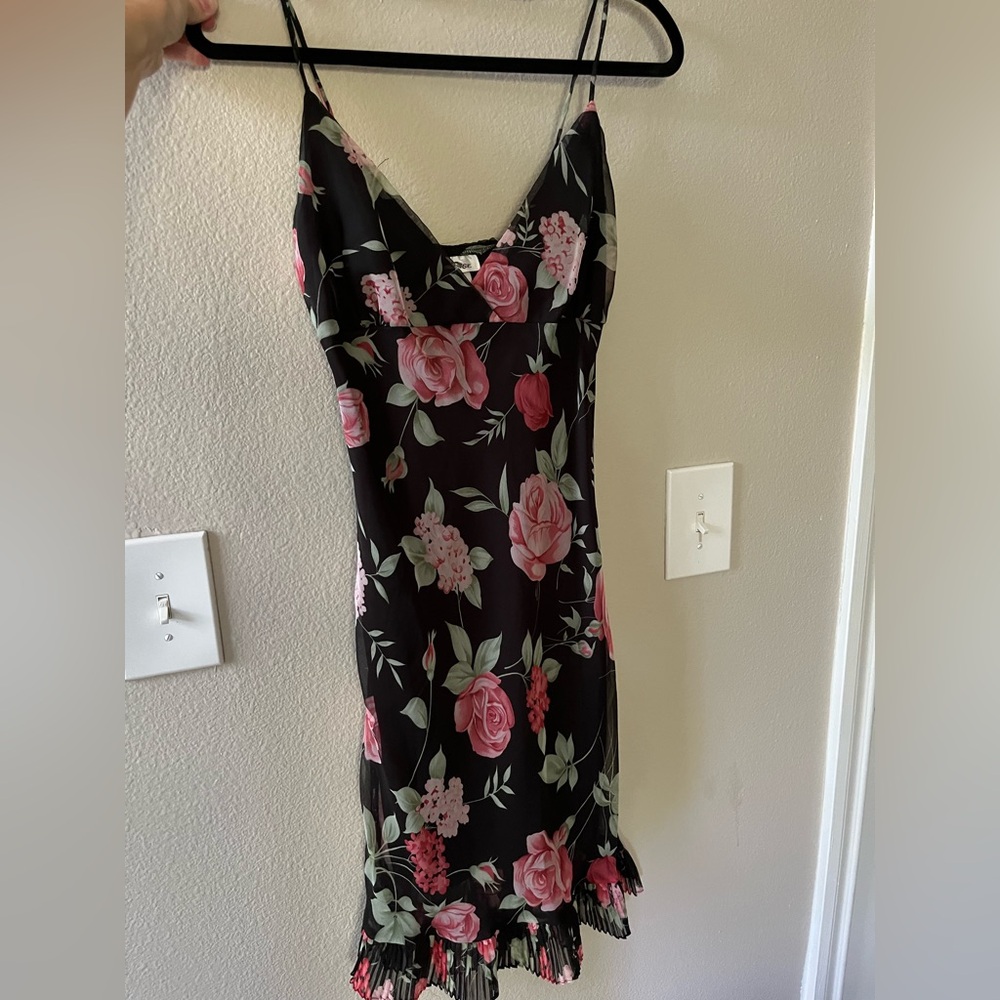 Sense Black Midi Dress with Pink Floral Design (Vintage Silk)